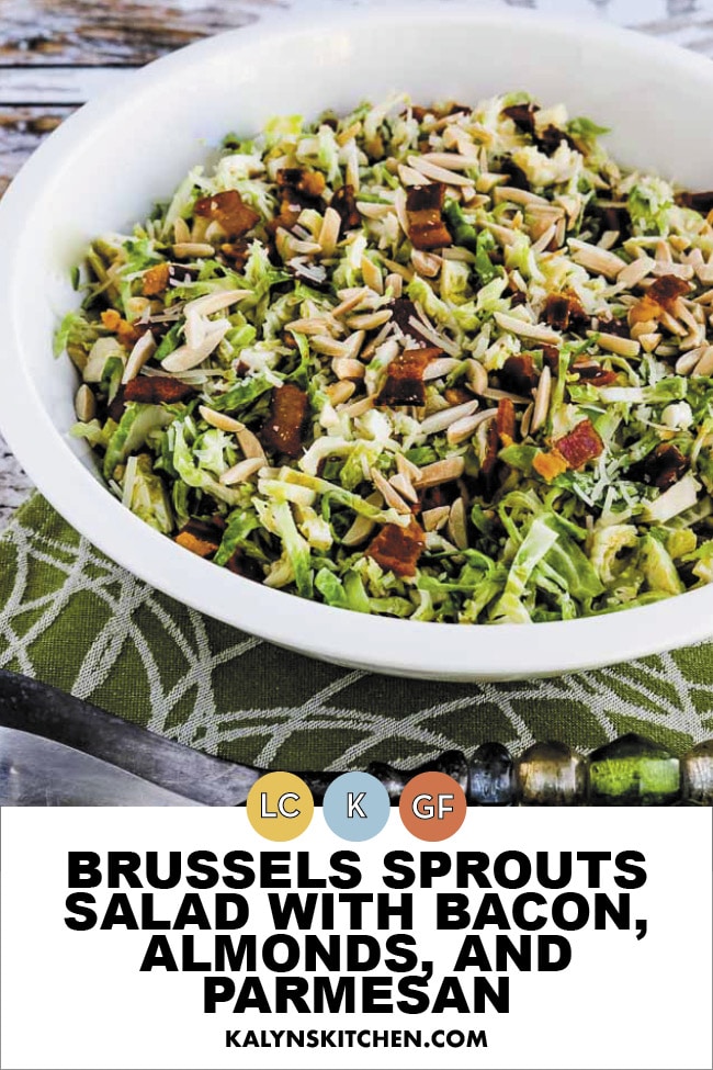 Pinterest image of Brussels Sprouts Salad with Bacon, Almonds, and Parmesan