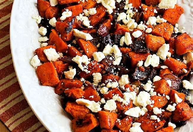 Roasted Sweet Potatoes and Red Onions with Feta finished dish on serving plate