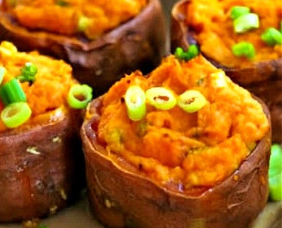 Twice-Baked Sweet Potatoes with Sour Cream and Chipotle finished dish on serving plate
